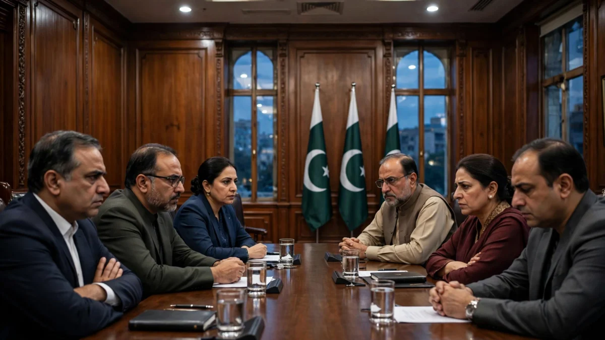 Pakistani government and opposition delegations in tense talks across a conference table beneath Pakistani flags