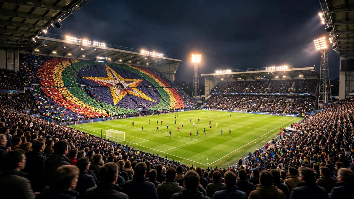 Floodlit Etihad Stadium at night during a Champions League match, with supporters holding up a coloured-card mosaic tribute in the stands.