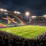 Floodlit Etihad Stadium at night during a Champions League match, with supporters holding up a coloured-card mosaic tribute in the stands.