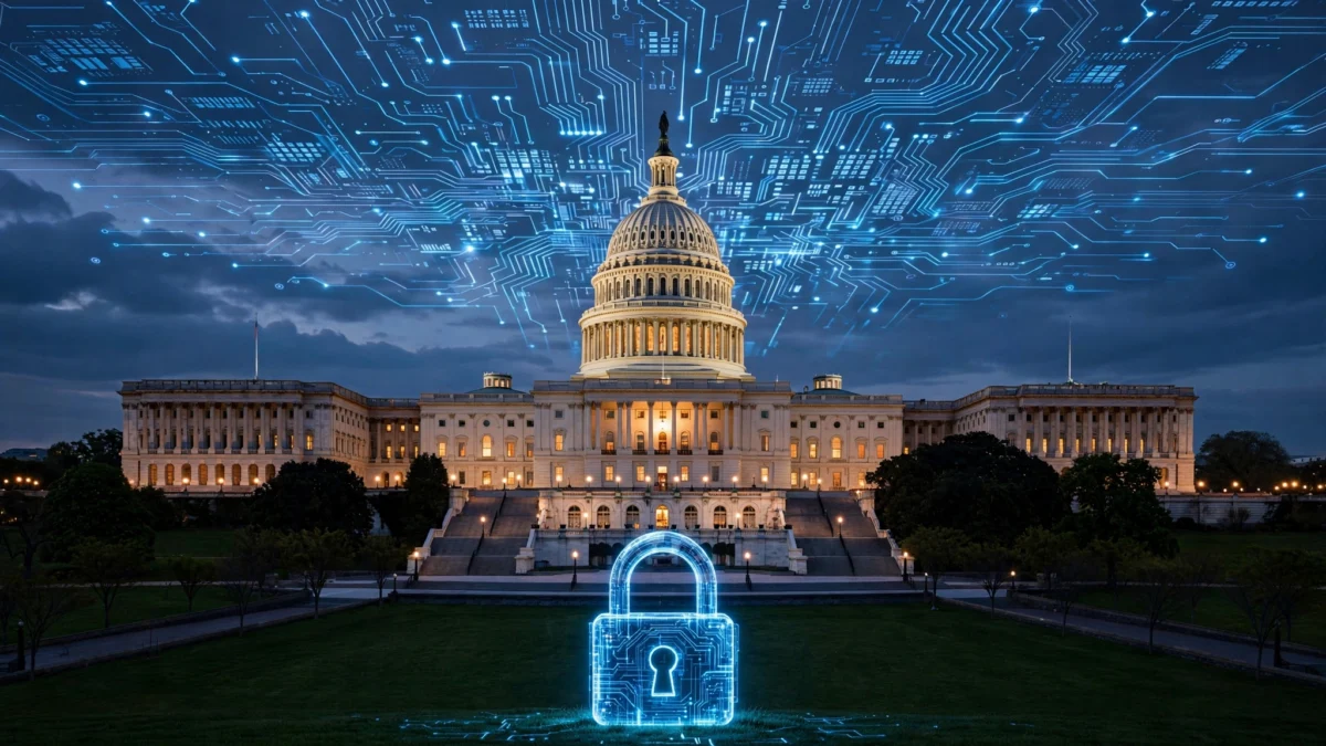 The US Capitol building at dusk under a glowing blue digital circuit network with a luminous padlock in the foreground, symbolizing the proposed AI Agent Accountability Act on cybersecurity.