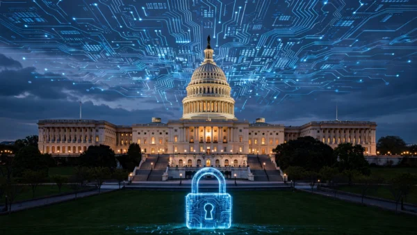The US Capitol building at dusk under a glowing blue digital circuit network with a luminous padlock in the foreground, symbolizing the proposed AI Agent Accountability Act on cybersecurity.