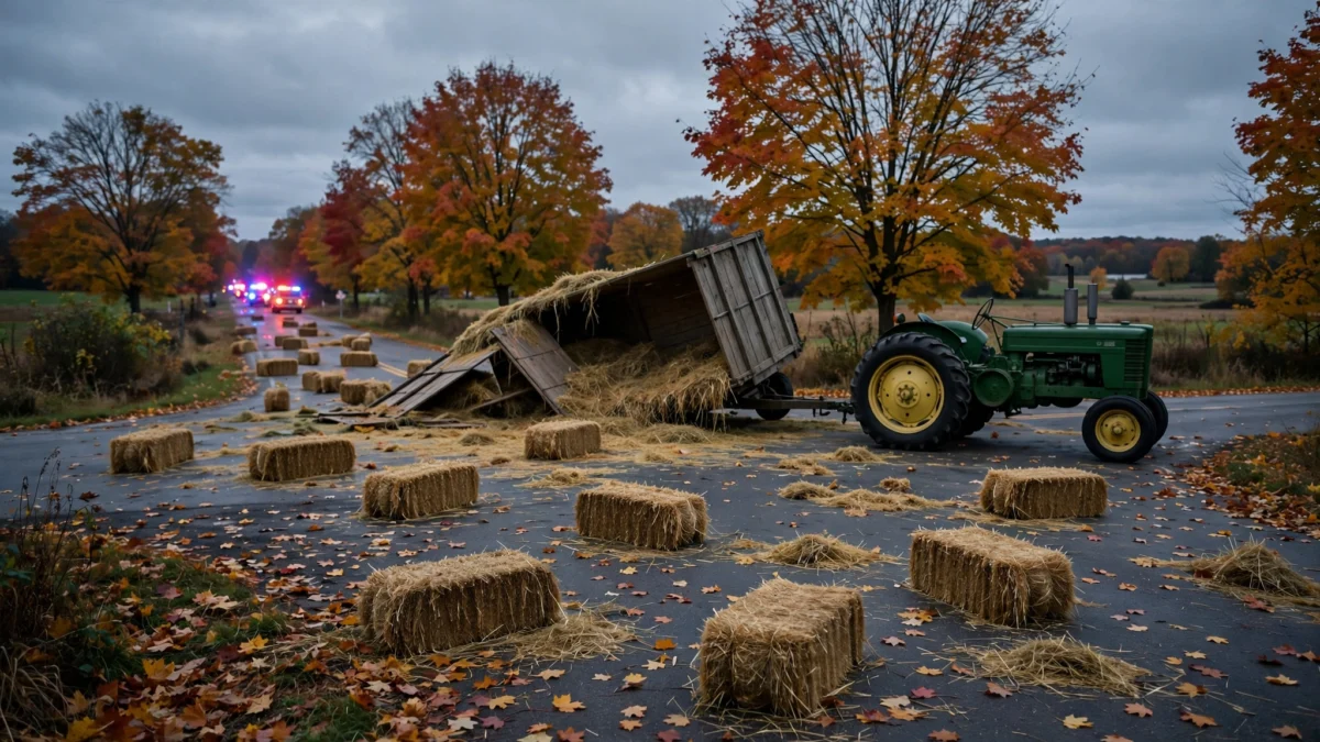 Overturned hay wagon with scattered hay bales on a rural upstate New York road, emergency vehicle lights in the distance