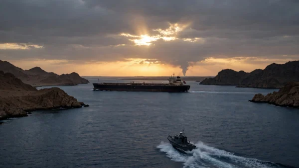 A crude oil supertanker sailing through the Strait of Hormuz at dusk with a distant smoke column on the horizon and a patrol boat in the foreground.