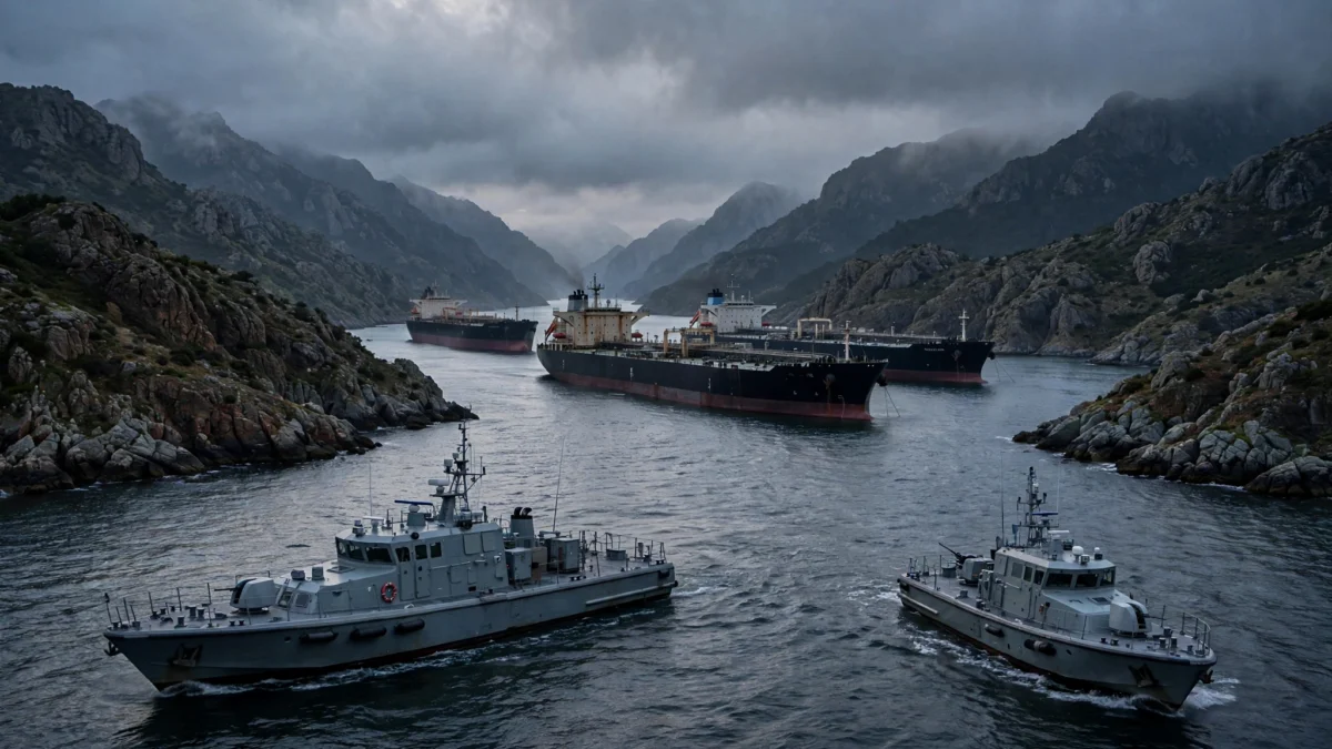 Oil supertankers stopped in the Strait of Hormuz at dusk as Iranian naval patrol boats block the waterway.