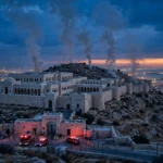 Smoke rises above Yemen's Al-Maashiq presidential palace complex in Aden at dusk as emergency vehicles respond after a deadly Houthi missile strike.