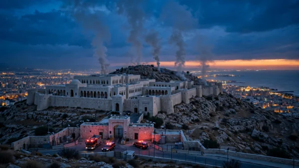 Smoke rises above Yemen's Al-Maashiq presidential palace complex in Aden at dusk as emergency vehicles respond after a deadly Houthi missile strike.