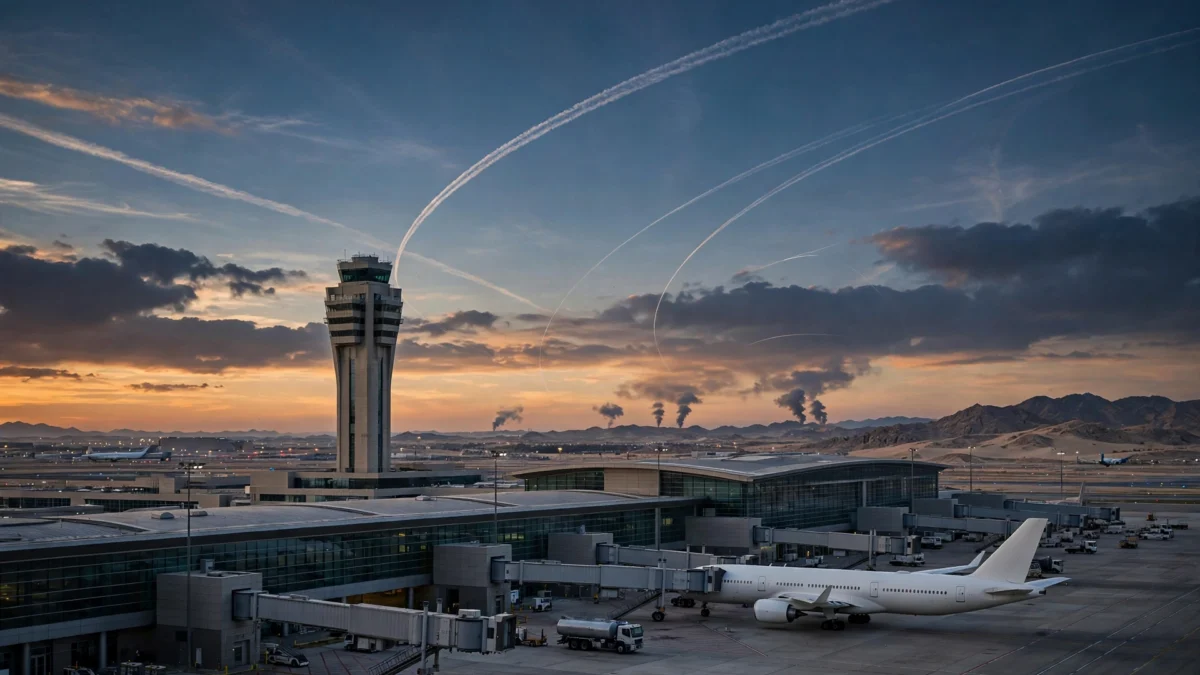 An international airport at dusk with control tower and parked airliner, missile contrails crossing the sky and smoke columns on the horizon.