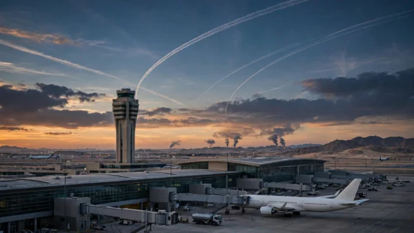 An international airport at dusk with control tower and parked airliner, missile contrails crossing the sky and smoke columns on the horizon.