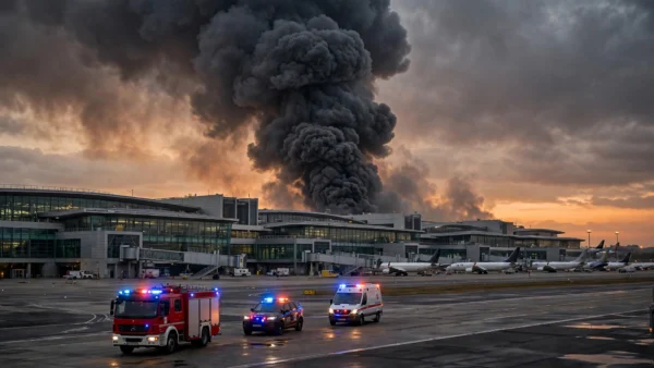 Smoke rises over an airport terminal at dusk with emergency vehicles responding after missile strikes.
