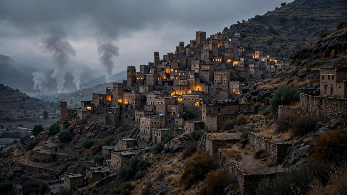 Aerial view of the Yemeni mountain city of Taiz at dusk, with smoke columns rising from the outskirts