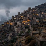 Aerial view of the Yemeni mountain city of Taiz at dusk, with smoke columns rising from the outskirts