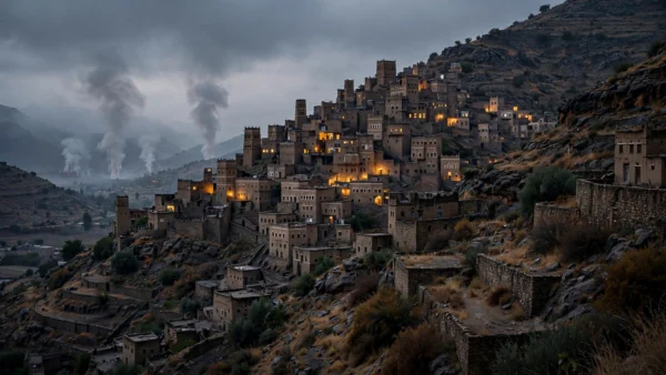 Aerial view of the Yemeni mountain city of Taiz at dusk, with smoke columns rising from the outskirts