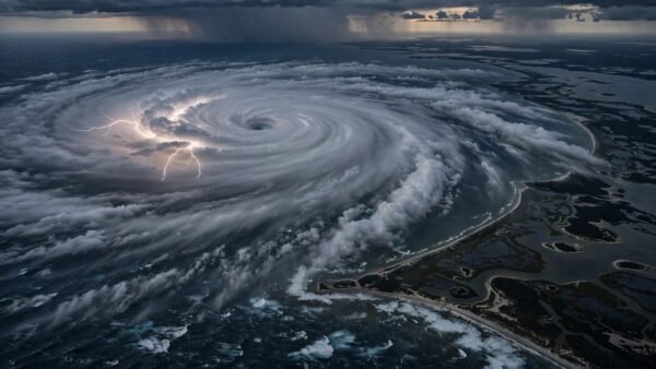 Aerial view of Hurricane Isaias, a major Category 3 hurricane, spiraling over the Gulf of Mexico as it approaches the Florida Panhandle coastline at dusk, with lightning visible in the eyewall.