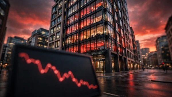 Modern London financial office building at dusk with a falling red stock chart display in the foreground