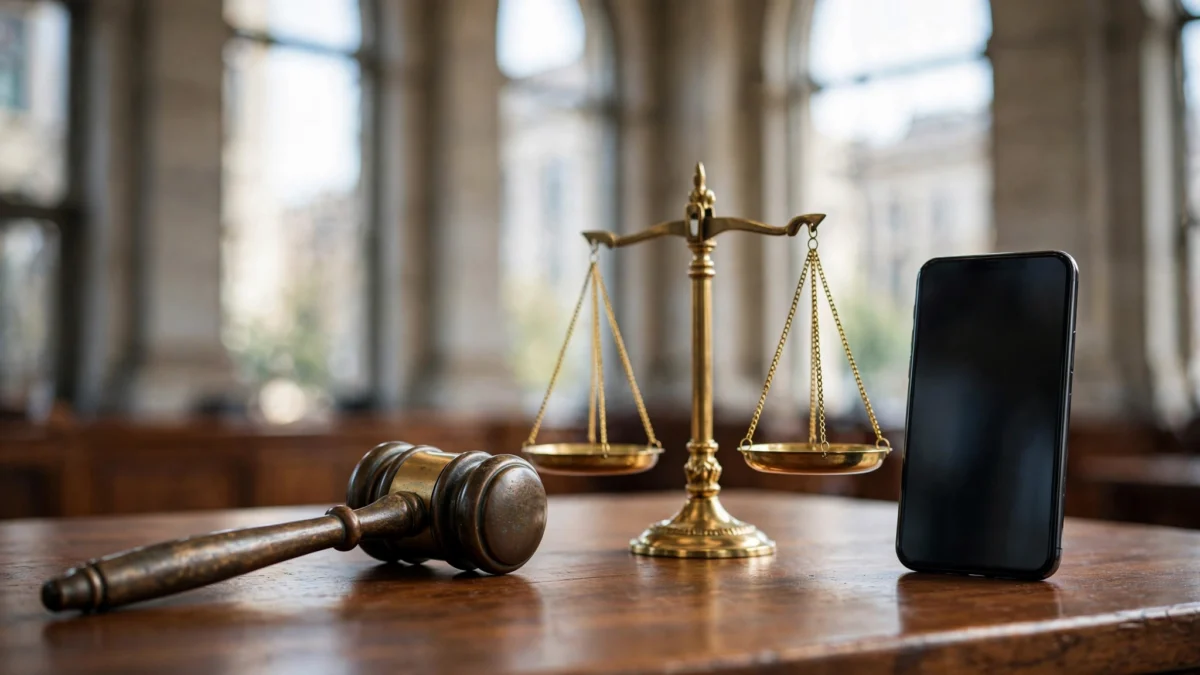 A gavel and brass scales of justice beside a smartphone with a dark screen on a courtroom desk, representing the Islamabad High Court hearing on a petition seeking a ban on Imran Khan's X account.