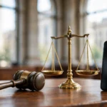 A gavel and brass scales of justice beside a smartphone with a dark screen on a courtroom desk, representing the Islamabad High Court hearing on a petition seeking a ban on Imran Khan's X account.