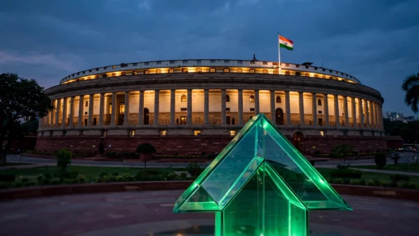 India's Parliament House in New Delhi at dusk with a glowing green upward arrow symbolising rising GST collections.