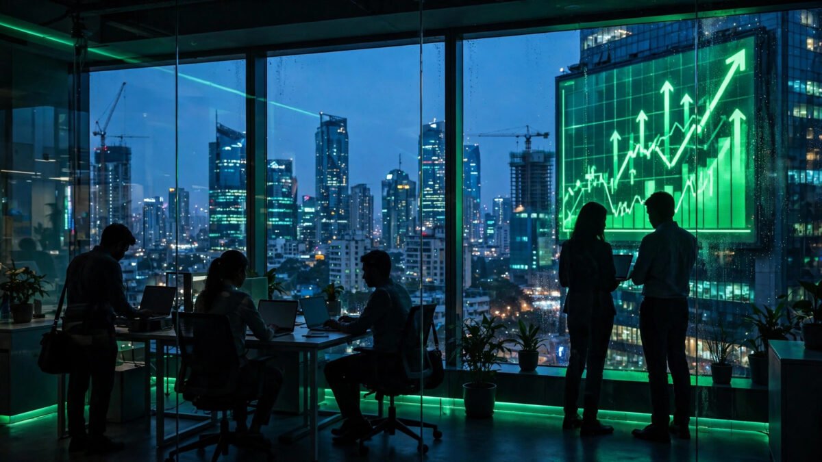 Silhouettes of IT professionals working in a glass office overlooking a financial district at dusk, with a glowing green rising stock chart on a large screen