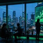 Silhouettes of IT professionals working in a glass office overlooking a financial district at dusk, with a glowing green rising stock chart on a large screen