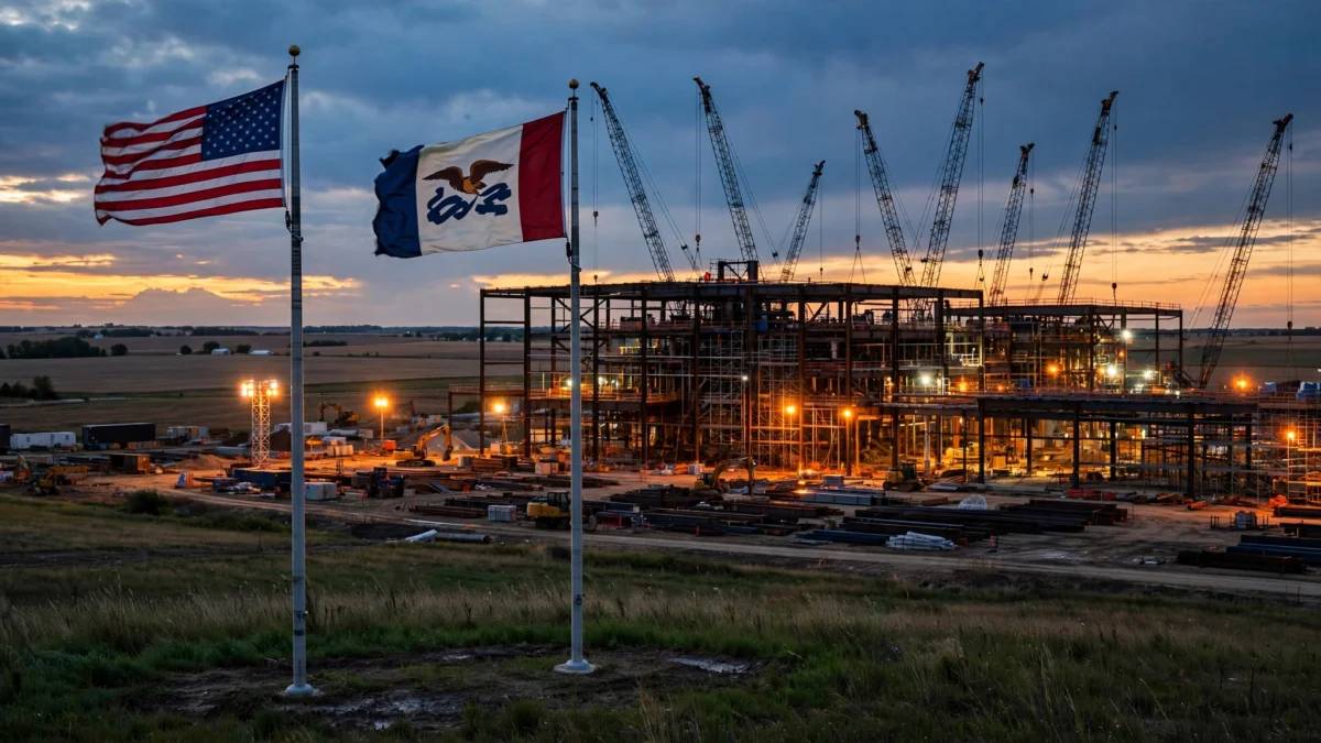 Steel mill under construction at dusk with the American and Iowa flags flying in the foreground