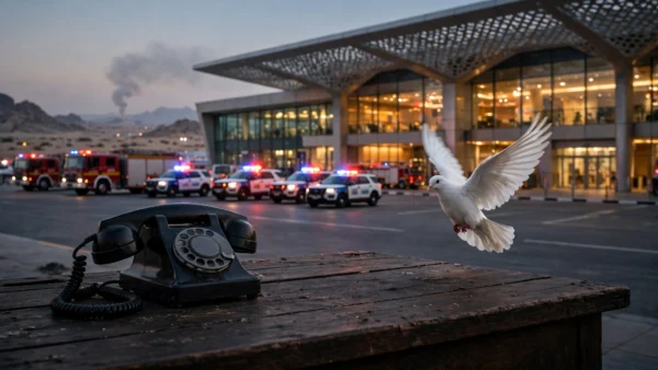 Vintage telephone and white dove in front of an airport terminal at dusk with a smoke column and emergency vehicles, symbolising Iran's mediation offer amid the Saudi-Houthi conflict.