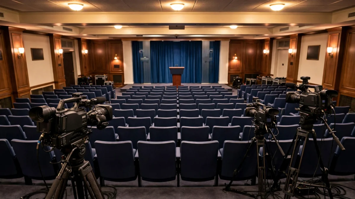 Empty White House press briefing room with television cameras pointed at the podium