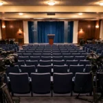 Empty White House press briefing room with television cameras pointed at the podium