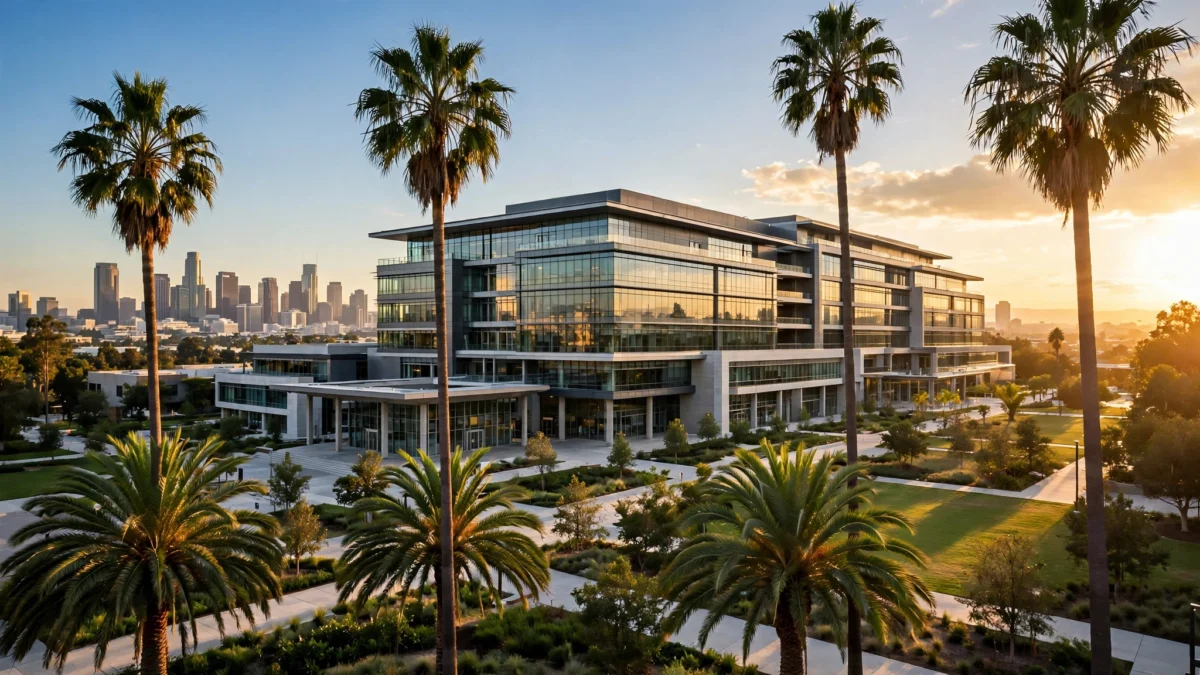 Modern university campus building with palm trees at golden hour, representing Carnegie Mellon's planned Miami campus