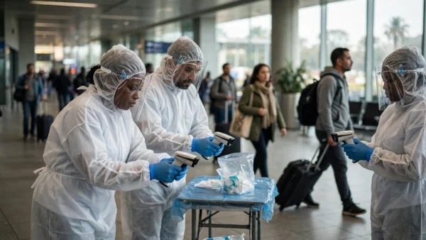 Health workers in protective equipment conducting passenger screening at Jomo Kenyatta International Airport in Nairobi during Kenya's Ebola preparedness response