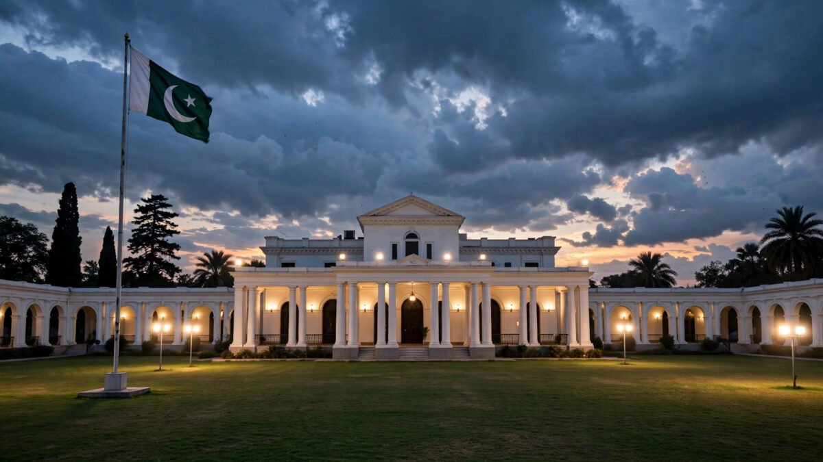 Governor House Peshawar illuminated at dusk with the Pakistani flag flying on a tall pole