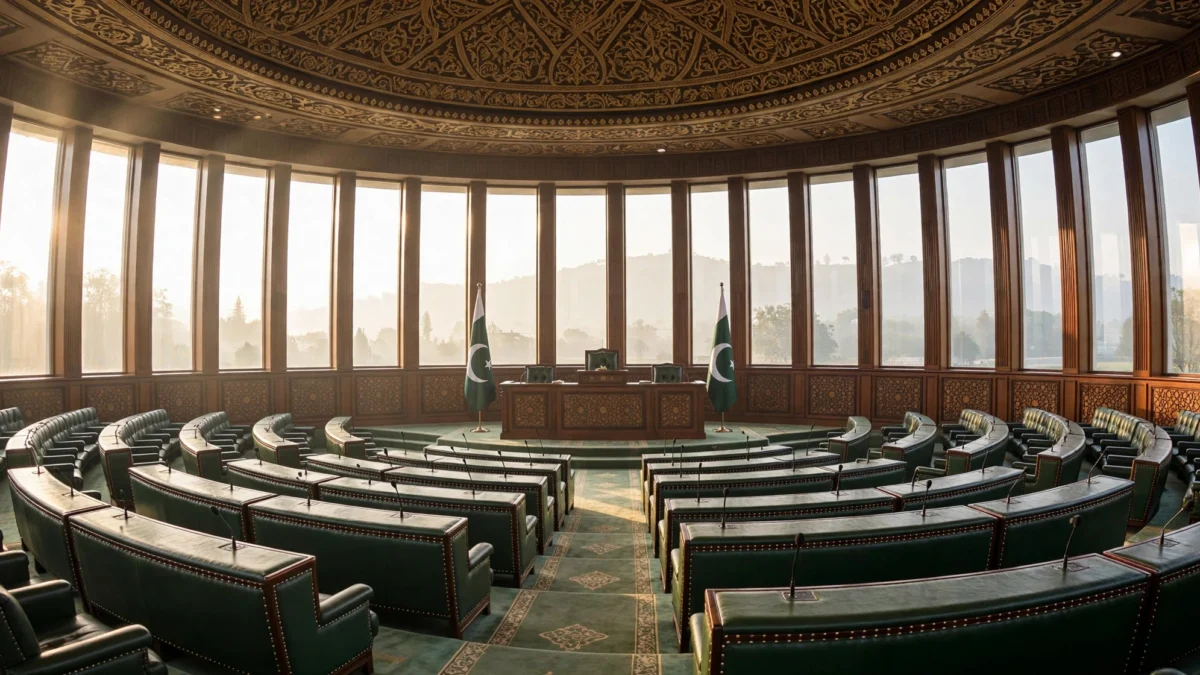 Interior of Pakistan's Parliament chamber with green assembly benches and Pakistani flags ahead of the joint session