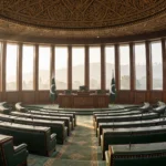 Interior of Pakistan's Parliament chamber with green assembly benches and Pakistani flags ahead of the joint session