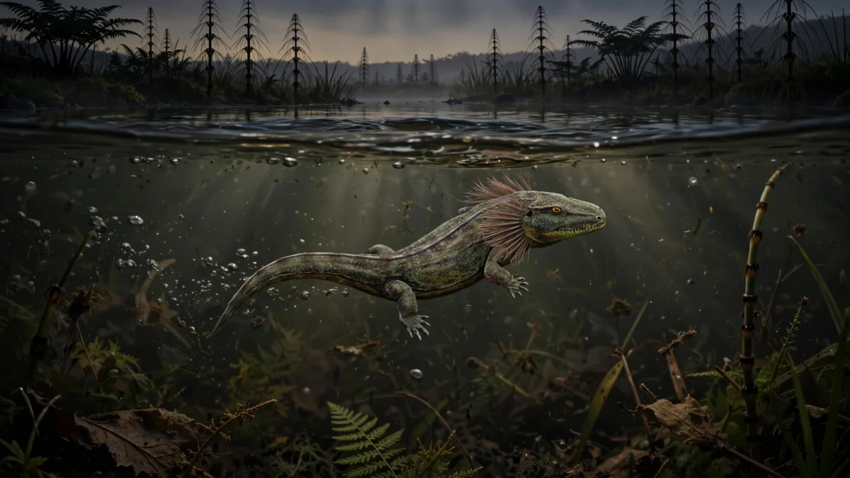 Artist's reconstruction of Westlothiana 'Lizzie', the 345-million-year-old Scottish fossil, swimming in a Carboniferous lagoon with visible gills and claw-tipped limbs.
