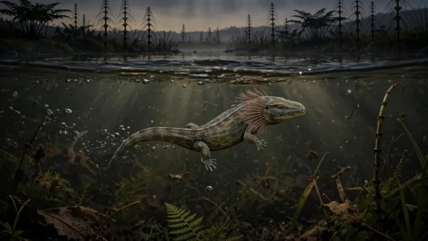 Artist's reconstruction of Westlothiana 'Lizzie', the 345-million-year-old Scottish fossil, swimming in a Carboniferous lagoon with visible gills and claw-tipped limbs.