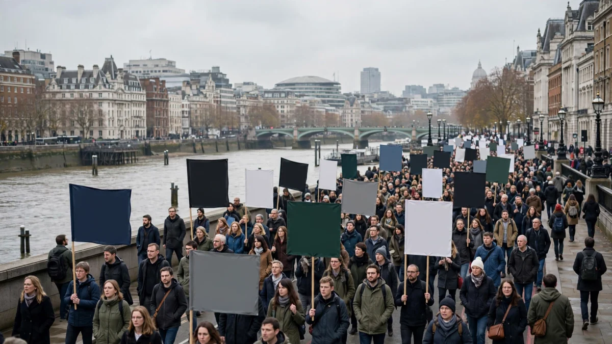 Crowd of protesters carrying blank placards marching along the River Thames in central London during a pro-Palestine demonstration.