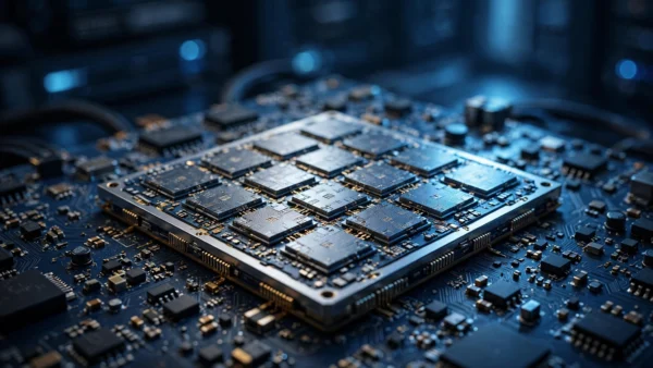 Photorealistic editorial close-up of a modern AI processor chip with multiple silicon chiplets mounted on a dark blue circuit board, representing Microsoft's new Maia 300 custom AI chip.