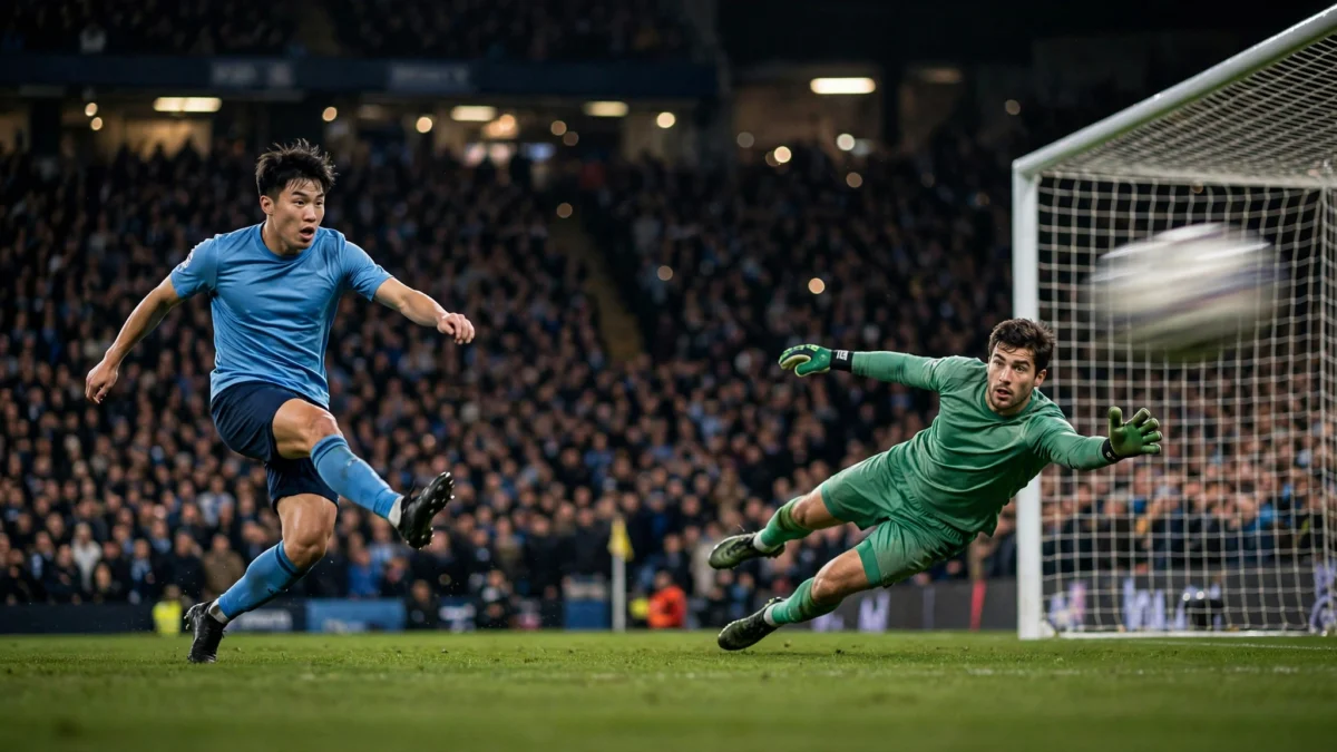 A Manchester City striker in a sky-blue shirt smashing a shot past the diving goalkeeper during the 3-0 Premier League win at Anfield.