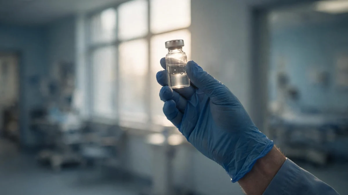 A gloved hand holding a vaccine vial up to the light in a hospital corridor, symbolizing America's fight against the 2026 measles resurgence