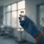 A gloved hand holding a vaccine vial up to the light in a hospital corridor, symbolizing America's fight against the 2026 measles resurgence