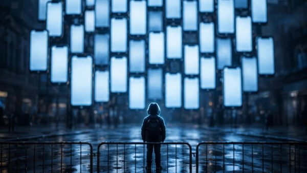 Child's silhouette behind a barrier fence facing a towering wall of glowing smartphone screens, symbolising the global social media age bans for children