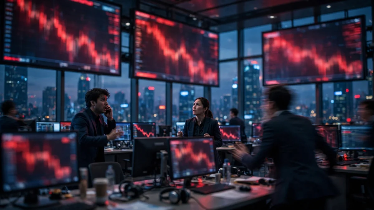 Photorealistic editorial image of a stock market trading floor at dusk with large blurred screens showing steep red downward market charts, conveying a sudden market selloff.