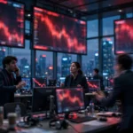 Photorealistic editorial image of a stock market trading floor at dusk with large blurred screens showing steep red downward market charts, conveying a sudden market selloff.