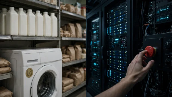 Split composition: milk cartons and a washing machine with an inspection seal on one side, an AI data centre with a hand pressing a red emergency-stop button on the other
