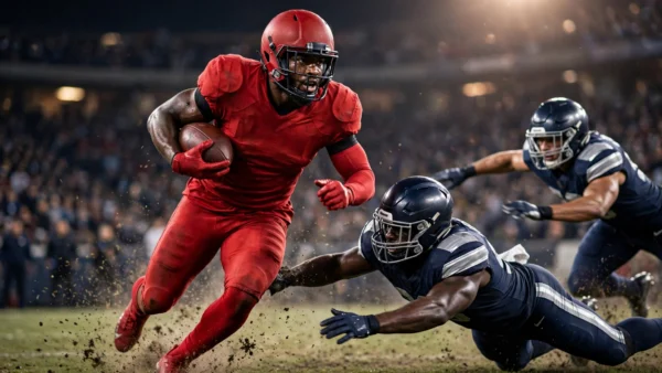 Photorealistic editorial shot of an NFL running back in a red jersey bursting through the line of scrimmage past diving defenders under bright stadium lights at night.