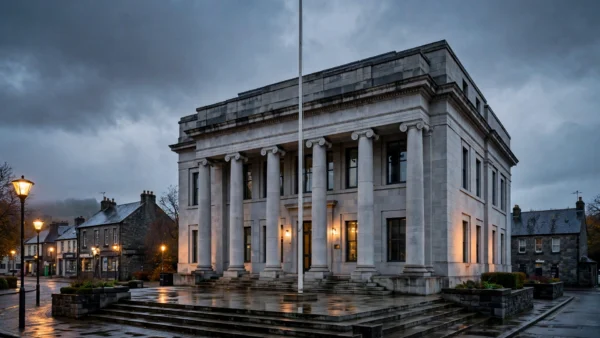 Stone courthouse with columns at dusk, where former DUP leader Jeffrey Donaldson was sentenced to 15 years for child sex offences