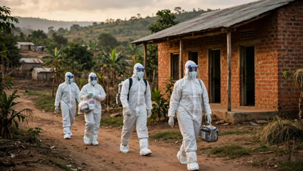 Health workers in full protective equipment walking past a treatment facility in eastern Democratic Republic of Congo during the Ebola outbreak.