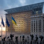 European Union and Ukrainian flags flying before the Europa building in Brussels at dawn, with television cameras on tripods, as EU leaders rally around Volodymyr Zelenskyy