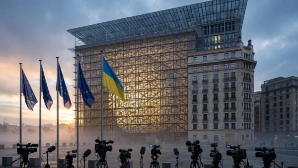 European Union and Ukrainian flags flying before the Europa building in Brussels at dawn, with television cameras on tripods, as EU leaders rally around Volodymyr Zelenskyy