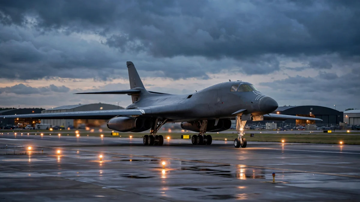 A US B-1 strategic bomber taxiing on a military airbase runway at dusk