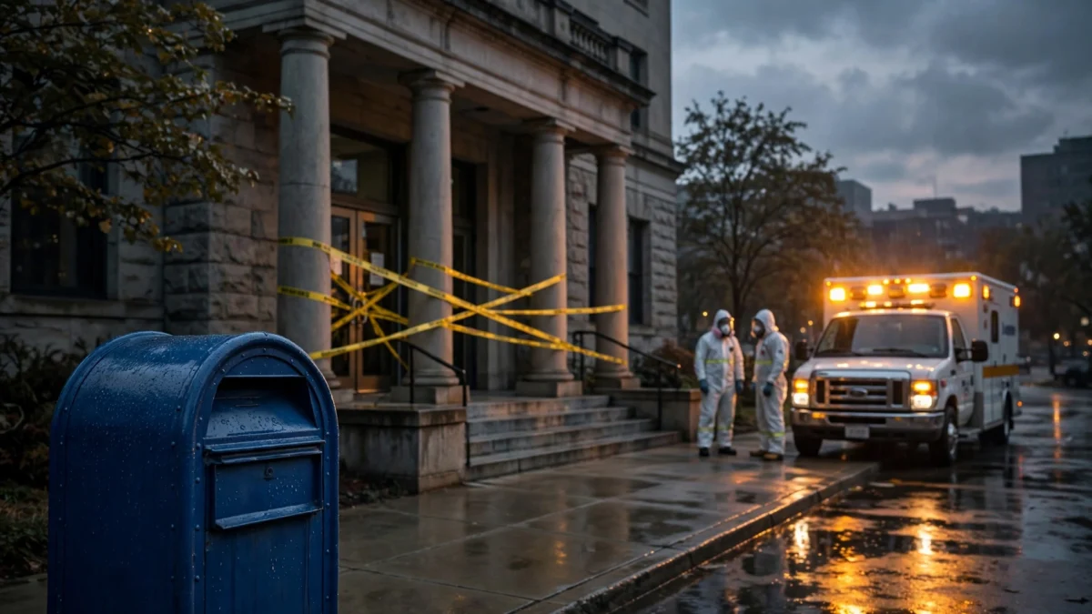 Hazmat responders in protective suits outside a US government elections office building at dusk, with yellow caution tape across the entrance and an ambulance's amber lights glowing — US postal mailbox in the foreground